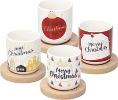 Avilia Set of 4 Wooden Cups with Saucers and Christmas Decoration - Set of 4 Cups with Coasters Made of Wood, Porcelain and Wood, Cups 200cc