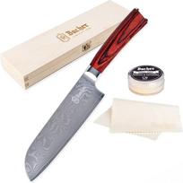 Bacher Santoku Damasko peilis 18 cm - Damasko virtuvinis peilis, pagamintas iš 67 sluoksnių, pagamintų iš 10 V - profesionalus aštrus virėjo peilis, pagamintas iš tikro japoniško Damasko plieno su Pakka medine rankena - Damaskas