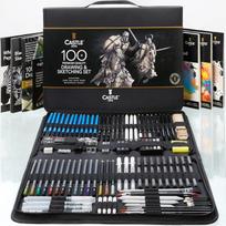 Castle Art Supplies 100 dalių piešimo rinkinys | Grafito anglis, pastelė, metalizuoti vandenyje tirpūs rašikliai su lazdelėmis ir pieštukais | Profesionaliems menininkams, patyrusiems dailininkams | Patvarus kelioninis dėklas