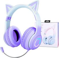 Children's Bluetooth Headphones, Cat Ears, Children's Headphones with LED Light, Wireless Children's Headphones with Cable, Adjustable Headphones, Over-Ear with Microphone for Girls, Adults, Tablet,