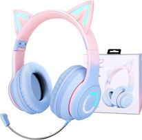 Children's Bluetooth Headphones, Cat Ears, Children's Headphones with LED Light, Wireless Children's Headphones with Cable, Adjustable Headphones, Over-Ear with Microphone for Girls, Adults, Tablet,