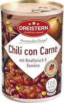 DREISTERN Chili con Carne 400 g aštrus troškinys perdirbamoje konservų skardinėje Daug įdėklų su pupelėmis ir kukurūzais