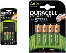 Duracell Charger with 4 Hours, 1 Count & Ultra HR6DX1500 Low Self-Discharge Batteries (2500mAh) Pack of 4