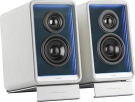 EDIFIER QR65 aktyvaus dizaino monitoriaus garsiakalbiai (70 W) su RGB apšvietimo efektais, 3x USB TurboGaN greitojo įkrovimo prievadais ir žemųjų dažnių garsiakalbio išvestimi, balti