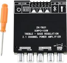 FamilyMall Bluetooth Subwoofer Amplifier Board HiFi Stereo 2.1 with Treble and Bass Control 2 x 50W+100W DC 12V-24V Audio Power Amplifier Module AUX Input for Home Theater Speaker