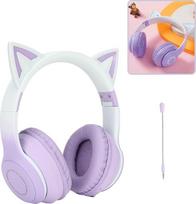 Gugxiom Cat Ear Headphones, Wireless Gaming Headsets via Bluetooth 5.1/3.5 mm AUX Cable, Foldable Headphones with 7-Colour LED Lights and 4 LED Modes for Girls (Purple)