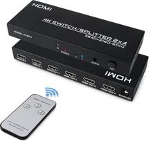 HDMI skirstytuvas 2 in 4 Out, HDMI skirstytuvas su nuotolinio valdymo pultu, SPDIF ir 3,5 m garso išvestimi, palaiko 4K @ 60Hz HDCP2.2 HDR, skirtas kompiuterio monitoriams PS4 TV nešiojamajam kompiuteriui Xbox