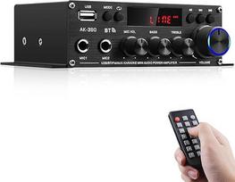 HiFi Stereo Amplifier Receiver for Home Speakers, AK-390 Bluetooth 5.0 Mini Audio Amp 2.0 Channel RMS 40W x 2 Audio Component Amplifier with 12V/5A Adapter, FM Radio, (BT, USB, AUX, Mic) Input