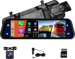 Hodozzy Mirror Dashcam Carplay Wireless Android Car Bluetooth 9.66 Inch IPS Touchscreen Front Camera Rear View Camera Waterproof Night Vision WDR Car Camera Rear View Mirror Parking Monitor 32G TF