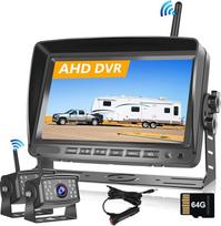 Hodozzy Skaitmeninės belaidės atbulinės eigos kameros DVR vaizdo įrašymas 7 colių IPS monitorius AHD 2 kameros su 32GB SD kortele, belaidė priekinio/pakalinio vaizdo kamera Automobilis, atsparus vandeniui, naktinio matymo, parkavimo pagalba 12V-36V