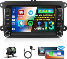 Inefala 7 Zoll Android 13 Autoradio für VW Golf 5 Golf 6 Skoda Polo Passat Tiguan Touran 2 DIN Bildschirm (2 + 64GB) mit Wireless CarPlay Android Auto FM RDS GPS Bluetooth WiFi Lenkradsteuerung