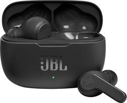 Juodos spalvos "JBL Wave 200TWS" tikros belaidės "Bluetooth" ausinės su įmontuotu mikrofonu, iki 20 valandų trukmės muzikos transliacija, įskaitant įkrovimo dėklą