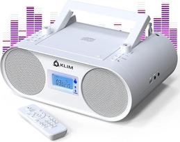 KLIM Boombox B4 Radio with CD Player + AM/FM Radio, MP3, Bluetooth, AUX, USB + CD Player Portable with Wireless Mode and Rechargeable Battery + with Remote Control, Autosleep, Digital EQ - White