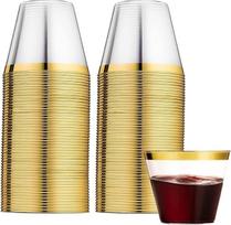 LATERN Pakuotė 60 plastikinių taurių su auksiniu apvadu, 270 ml talpos plastikinės taurės, daugkartinio naudojimo taurės Elegantiškos vyno taurės, skirtos šampanui, alui, kokteiliams, martiniui, sodai, desertui (8,9 x 7,1 cm)