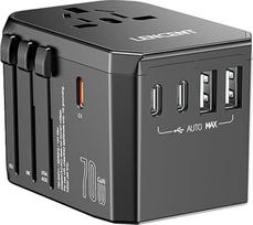 LENCENT 70 W universalus kelioninis adapteris, GaN tarptautinis greitasis įkroviklis su 3 PD3.0 tipo C+2 QC USB A, pasaulinis maitinimo adapteris telefonams, nešiojamiesiems kompiuteriams, "viskas viename" kelionių reikmenyse ES/USA/UK/AU