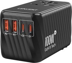 LENCENT International Travel Adapter, 100W GaN3 Universal Adapter with 2 PD3.0 Type C+2 QC USB A, Worldwide Adapter for Mobile Phones, All in One Travel Plug for EU/USA/UK/AU Sockets, Black