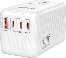 LENCENT International Travel Adapter, 140W GaN3 Universal Adapter with 3 PD3.1 Type C+1 QC USB A, Worldwide Adapter for Mobile Phones, All in One Travel Plug for EU/USA/UK/AU Sockets, White