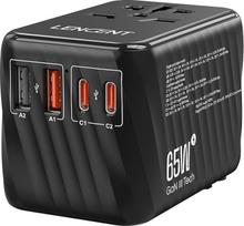 LENCENT International Travel Adapter, 65W GaN3 Universal Adapter with 2 PD3.0 Type C+2 QC USB A, Worldwide Power Adapter, All in One Travel Plug for EU/USA/UK/AU Sockets, Black