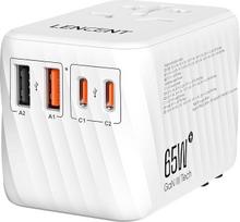 LENCENT International Travel Adapter, 65W GaN3 Universal Adapter with 2 PD3.0 Type C+2 QC USB A, Worldwide Power Adapter, All in One Travel Plug for EU/USA/UK/AU Sockets, White