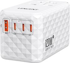 LENCENT Universal Travel Adapter 120 W Fast Charge, International Travel Plug Adapter for Type A/C/G/I (UK, EU, AU, US) Sockets, 1 USB-A & 3 USB-C PD Fast Charging for Mobile Phone, Laptops, White