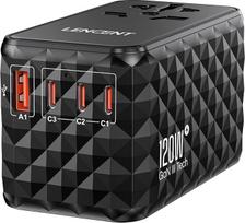 LENCENT Universal Travel Adapter 120 W Fast Charge, International Travel Plug Adapter for Type A/C/G/I (UK, EU, AU, US) Sockets, 1 USB-A & 3 USB-C PD Fast Charging for Mobile Phone, Laptops, Black