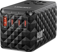 LENCENT Universal Travel Adapter 140 W Fast Charge, International Travel Plug Adapter for Type A/C/G/I (UK, EU, AU, US) Sockets, 1 USB-A & 3 Type C PD Fast Charging for Mobile Phone, Black