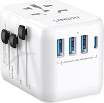 LENCENT Universalus kelioninis adapteris pasaulinis tarptautinis adapteris su 3 USB ir C tipo PD įkrovimo prievadais, skirtas ES, Europos Sąjungai, JAV, Jungtinei Karalystei iš A/C/G/I tipo lizdų, daugiau kaip 200 šalių, baltos spalvos