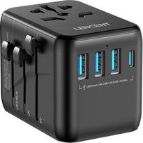 LENCENT Universalus kelioninis adapteris pasaulinis tarptautinis adapteris su 3 USB ir C tipo PD įkrovimo prievadais, skirtas ES, Europos Sąjungai, JAV, Jungtinei Karalystei iš A/C/G/I tipo lizdų, daugiau kaip 200 šalių, juodas