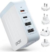 LENCENT universalus kelioninis adapteris, 45 W kelių USB jungčių įkroviklis, tarptautinis adapteris su 2 PD C tipo + 2 USB jungtimis, pasaulinis kelioninis kištukas, skirtas A/C/G/I tipo (JAV, JK, ES ir JAV) lizdams, baltos spalvos