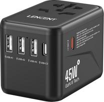LENCENT universalus kelioninis adapteris, GaN III 45 W tarptautinis įkroviklis su 3 USB ir 2 USB-C PD greitojo įkrovimo prievadais, pasaulinis įkrovimo adapteris, skirtas A/C/G/I tipo, JAV, JK, ES ir JAV lizdams, juodas