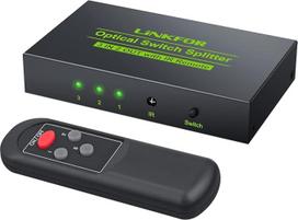 LiNKFOR Skaitmeninio garso perjungiklis 3 į 2 iš optinio skirstytuvo SPDIF Toslink jungiklis Palaiko Dolby AC3 DTS LPCM 2.0 Nuotolinio valdymo pultas + 2 m optinis kabelis SoundBar ausinėms Bluetooth