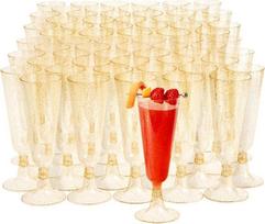 MATANA 100 aukščiausios kokybės elegantiškų šampano taurių iš plastiko su aukso blizgučiais, 150 ml, plastikinės šampano taurės, aukso spalvos, daugkartinio naudojimo šampano taurės, kokteilių taurės vestuvėms, gimtadieniams, vakarėliams