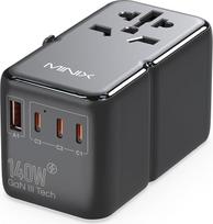 MINIX universalus kelioninis adapteris, 140 W GaN III tarptautinis maitinimo adapteris, 3 USB-C 2 USB-A prievadai, kintamosios srovės kištukinis lizdas, nešiojamųjų kompiuterių, planšetinių kompiuterių, telefonų ir kt. kelioninis įkroviklis visame pasauly
