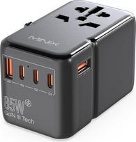 MINIX universalus kelioninis adapteris, 85 W GaN III tarptautinis maitinimo adapteris, 3 USB-C 2 USB-A prievadai, kintamosios srovės kištukinis lizdas, nešiojamųjų kompiuterių, planšetinių kompiuterių, telefonų ir kitų įrenginių kelioninis įkroviklis visa