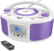 Nešiojamasis CD grotuvas "Boombox" su "Bluetooth", nuotolinio valdymo pultu, FM radiju, USB, MP3 atkūrimu, suderinamas su CD-R/CD-RW (baltas + violetinis)
