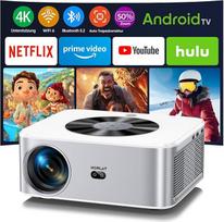 Projektorius "Android TV": HORLAT 28000 liumenų projektorius 4K namų kinas, WiFi 6 Bluetooth projektorius lauke, automatinis/4P lizdinės plokštumos koregavimas, 50% priartinimas, "Android" projektorius su "YouTube" / "Prime Video",