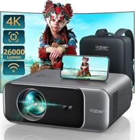 Projektorius, [automatinis fokusavimas/trapezoidinis koregavimas] Namų kino projektorius 1080P Full HD projektorius, palaikantis 4K vaizdo įrašus su "WiFi" 6 "Bluetooth", YABER 26000 liumenų nešiojamasis projektorius lauko 300 colių ekranas, skirtas