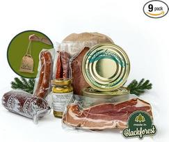 Švarcvaldo mėsinės dovanų krepšelis 9 vienetai lininiame maišelyje - dovanų krepšelis su tradicinėmis dešrelėmis, pvz., Švarcvaldo kumpiu, pilvo šonine, vyšnių vandens saliamiu, kepenų dešra, "Landjäger".