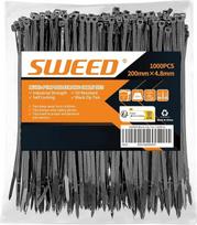 SWEED kabelių raiščiai, juodi, 200 mm x 4,8 mm, 1000 kabelių raiščių pakuotė, atsparūs UV spinduliams, juodos spalvos, 22 kg atsparumo tempimui, gali būti naudojami patalpose ir lauke