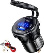 Thlevel USB C Steckdose 12V / 24V Auto Ladegerät 45W PD Type C & 18W QC3.0 USB mit LED Digital Voltmeter Anzeige und Schalter Handy Schnellladung Wasserdicht für KFZ Fahrzeuge Boot Motorrad
