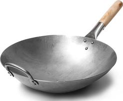 Tradicinis rankomis kaltas anglinio plieno keptuvė Wok su medine ir plienine rankena (skersmuo 35,6 cm, apvalus dugnas) / 731W88 by Craft Wok