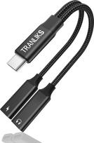 TRANLIKS USB C daliklis, USB C dvigubo kištuko adapterio ausinių ir įkrovimo daliklis su PD 60W greitojo įkrovimo papildomu garso kabeliu, skirtas "Samsung/15/15 Pro/15 Plus/15 Pro Max" - juodas