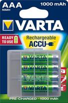 VARTA įkraunama "Ready2Use" iš anksto įkrauta mikro Ni-Mh baterija (AAA, 1000 mAh, 4 vnt.), įkraunama be atminties efekto, paruošta naudoti, pridedama laikymo dėžutė