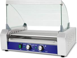 Vertes Gastro dešrainių kepimo mašina iš nerūdijančio plieno, elektrinė, 1800 W, su 9 ritinėliais ir 2 kaitinimo zonomis, profesionali dešrainių kepimo mašina su stikliniu dangčiu, surinkimo dėže ir 50-250 vnt.