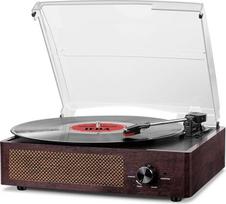 Vinilinių plokštelių grotuvas, "Bluetooth" nešiojamas vinilinių plokštelių grotuvas su 3 greičių 33/45/78 aps/min ir 2 įmontuotais stereofoniniais garsiakalbiais - natūrali mediena