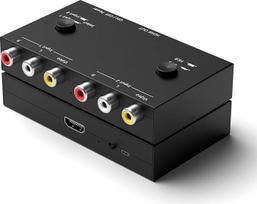 Wrugste 2 RCA į HDMI keitiklis, dvigubas AV į HDMI, kompozitinis į HDMI adapteris, palaikantis 16:9/4:3, suderinamas su WII/N64/PS2/PS3/VHS/VCR/DVD grotuvu ir t. t. (2 AV įėjimai 1 HDMI išėjimas)