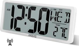 XREXS skaitmeninis radijo bangomis valdomas didelis sieninis laikrodis, 13,46 colių LCD HD ekranas, automatinis laiko nustatymas, kalendorius, žadintuvas, temperatūros ir laikmačio funkcija, garsus ir aiškus žadintuvo garsas, atminties funkcija