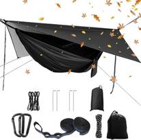 YCD Camping Hammock Set, vienvietis dvigubas hamakas, tinklelis nuo uodų, tinklelis nuo vabzdžių, lietaus skraidyklė, didelio stiprumo parašiutinio audinio kabanti lova, tinka lauke, žygiams, stovyklavimui, kelionėms, juoda