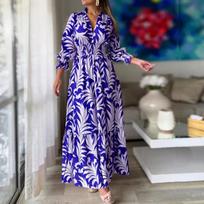 Moteriška „Boho Long Print“ didelio dydžio ilga suknelė ilgomis rankovėmis V kaklu 2XL mėlyna
