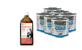 Farmina Vet Life Hypoallergenic Fish & Potato Dog 6x300g + Lab-V 100% lašišų aliejus įvairaus amžiaus šunims ir katėms 500ml šalto spaudimo